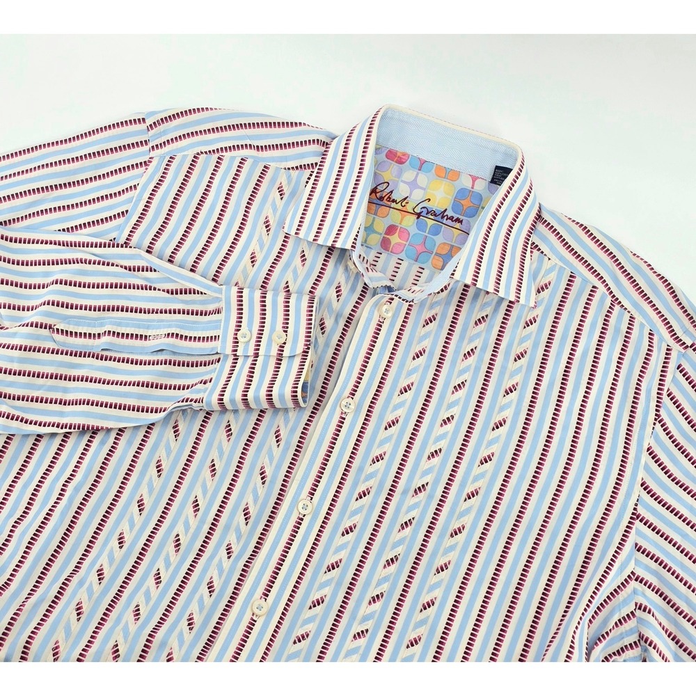Robert Graham Long Sleeve Striped Designer Shirt Men Size XL Cotton Silk Trim